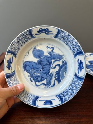 Een paar Chinese blauw-witte borden met boeddhistische leeuwen, ding merk, Kangxi — foto 2