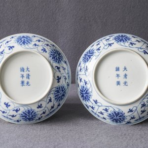 Een paar Chinese blauw-witte borden met lotusslingers, Guangxu merk en periode — foto 4
