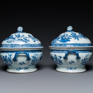 Een paar Chinese blauw-witte dekselterrines met vrouwen in een tuin, Qianlong — foto 5