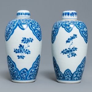 Een paar Chinese blauw-witte dekselvazen met floraal decor, Kangxi — foto 3