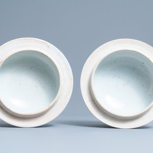 Een paar Chinese blauw-witte dekselvazen met landschapsmedaillons op florale fond, Kangxi — foto 8