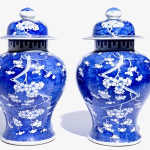Een paar Chinese blauw-witte dekselvazen met prunus op ijs-decor, 19e eeuw — foto 1