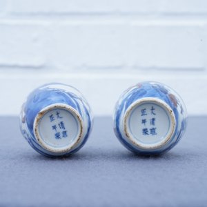 Een paar Chinese blauw-witte en onderglazuur rode snuifflessen, Yongzheng merk, 19e eeuw — foto 11