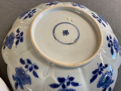 Een paar Chinese blauw-witte lotusvormige schotels met luipaarden, Kangxi — foto 4