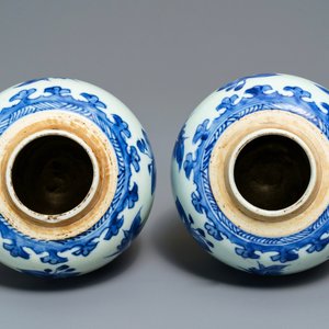Een paar Chinese blauw-witte potten met floraal decor, Kangxi — foto 5