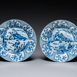 Een paar Chinese blauw-witte schotels met berglandschappen, Kangxi — foto 2
