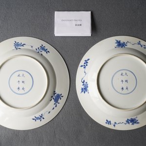 Een paar Chinese blauw-witte schotels met dames op een terras, Chenghua merk, Kangxi — foto 4