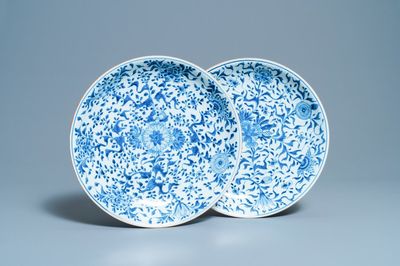 Een paar Chinese blauw-witte schotels met floraal decor, Kangxi