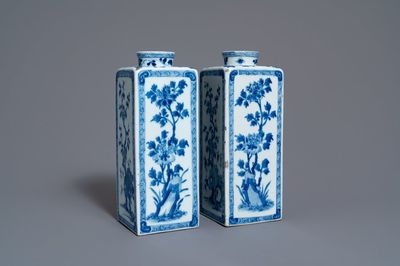 Een paar Chinese blauw-witte theebussen met floraal decor, Kangxi