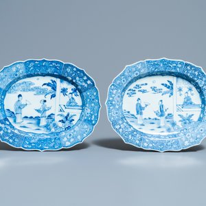 Een paar Chinese blauw-witte 'Xi Xiang Ji' ovale schotels, Qianlong — foto 2