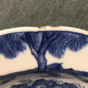 Een paar Chinese blauwwitte diepe borden met Lange Lijs en zotje, Kangxi — foto 6