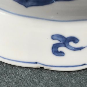 Een paar Chinese blauwwitte diepe borden met Lange Lijs en zotje, Kangxi — foto 10
