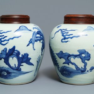Een paar Chinese blauwwitte potten met een kylin, Transitie periode — foto 2