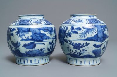 Een paar Chinese blauwwitte potten met vogels in struikgewas, Wanli