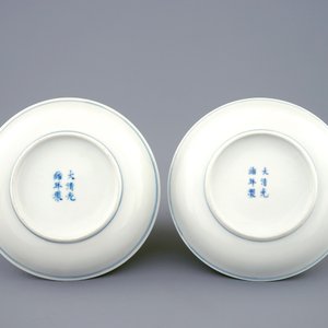 Een paar Chinese borden met vleermuizen in blauw, wit en ijzerrood, Guangxu merk en periode — foto 2