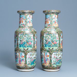 Een paar Chinese Canton famille rose rouleau vazen, 19e eeuw — foto 2