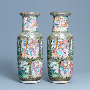 Een paar Chinese Canton famille rose rouleau vazen, 19e eeuw — foto 3