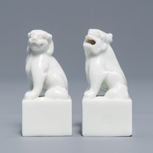 Een paar Chinese Dehua blanc de Chine zegels met leeuwen, reliëfmerk, Kangxi — foto 4