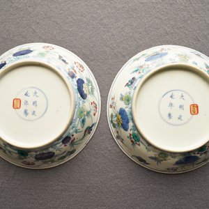 Een paar Chinese doucai 'eenden in een lotusvijver' borden, Chenghua merk, 18e eeuw — foto 20