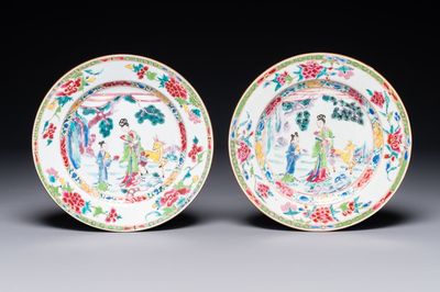 Een paar Chinese famille rose borden met Magu, Yongzheng