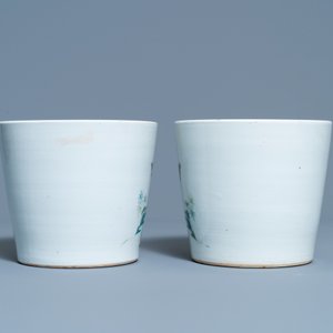 Een paar Chinese famille rose jardinières en een celadon schotel met Canton beschildering, 19e eeuw — foto 4