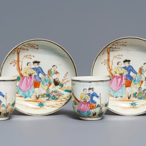 Een paar Chinese famille rose koppen en schotels met Europees decor, Qianlong — foto 2