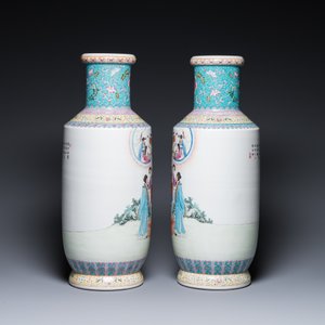 Een paar Chinese famille rose rouleau vazen, Qianlong merk, Republiek — foto 4