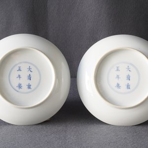Een paar Chinese famille rose schotels met floraal decor, Yongzheng merk en periode — foto 11