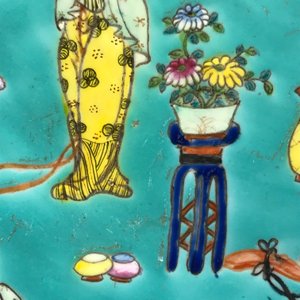 Een paar Chinese famille rose schotels met turquoise fondkleur, Jiaqing merk, 20e eeuw — foto 5