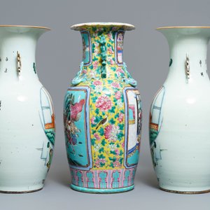 Een paar Chinese famille rose vazen en een vaas met turquoise fondkleur, 19/20e eeuw — foto 4