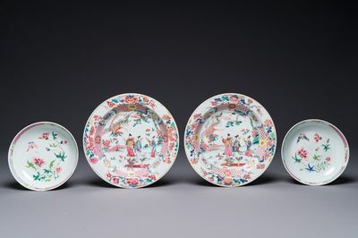 Een paar Chinese famille rose 'Xi Xiang Ji' borden en een paar florale borden, Yongzheng