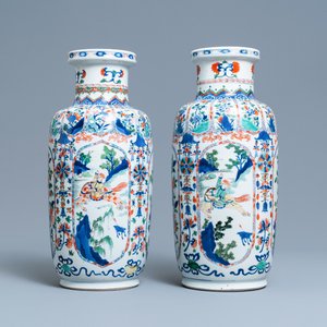 Een paar Chinese famille verte rouleau vazen, Kangxi — foto 1