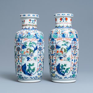 Een paar Chinese famille verte rouleau vazen, Kangxi — foto 3