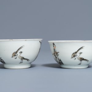 Een paar Chinese grisaille en vergulde koppen en schotels, Qianlong — foto 6