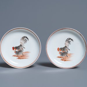 Een paar Chinese grisaille koppen en schotels met een haan en een hen, Yongzheng — foto 2