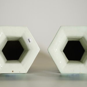 Een paar Chinese hexagonale blauw-witte op celadon fond vazen met tempelleeuwen, 19e eeuw — foto 12