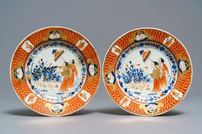 Een paar Chinese Imari-stijl borden naar Cornelis Pronk, 'De parasoldames', Qianlong