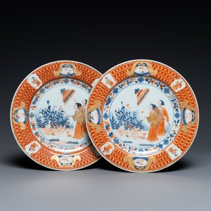Een paar Chinese Imari-stijl borden naar Cornelis Pronk, 'De parasoldames', Qianlong — foto 1