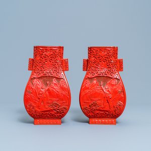 Een paar Chinese lakwerk vazen met Culturele Revolutie decor, 20e eeuw — foto 4