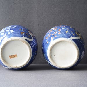 Een paar Chinese polychrome dekselpotten met 'prunus op gebroken ijs' decor, 19e eeuw — foto 13