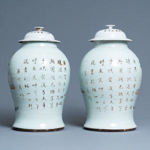 Een paar Chinese qianjiang cai dekselvazen met antiquiteiten, 19/20e eeuw — foto 3