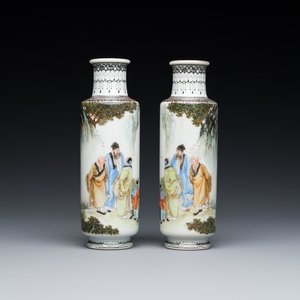Een paar Chinese rouleau vazen, gesigneerd Xiong Xiaofeng 熊曉峰, gedateerd 1947 — foto 1