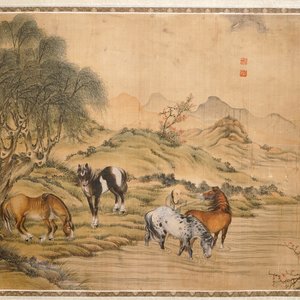 Een paar Chinese schilderijen op zijde met decor van “De acht paarden van Mu Wang”, 19/20e — foto 4