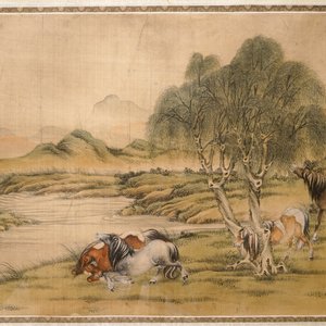 Een paar Chinese schilderijen op zijde met decor van “De acht paarden van Mu Wang”, 19/20e — foto 5