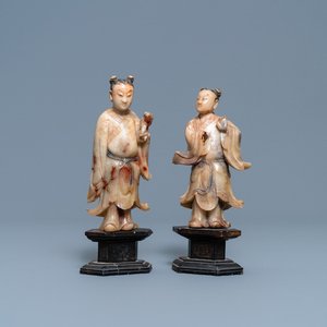 Een paar Chinese Shoushan zeepstenen figuren, Kangxi — foto 1