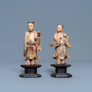 Een paar Chinese Shoushan zeepstenen figuren, Kangxi — foto 2