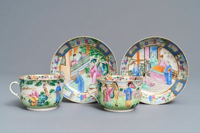Een paar Chinese 'Van Speyk' Canton famille rose koppen en schotels, gedat. 1831