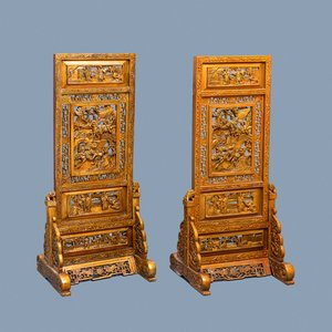 Een paar Chinese vergulde houten schermen voor de Straits of Peranakan markt, 19e eeuw — foto 1