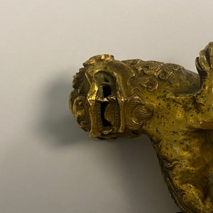 Een paar Chinese vergulde koperen boeddhistische leeuwen op champlevé basissen, 19e eeuw — foto 33