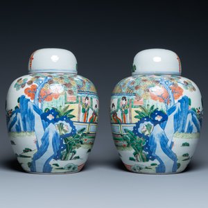 Een paar Chinese wucai dekselpotten, Wanli merk, 19e eeuw — foto 3